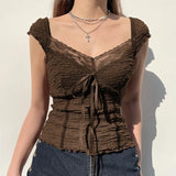 Woherb Retro Lace Stitching Bow Jacket New Spring 2023 Slim Slim Casual Solid Color Short-Sleeved Shirt-Outfit