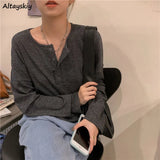 Sleeve T-shirts Women Elegant Simple Pure Button Design Retro Ins Autumn Ladies Tees Top All-match BF Style Mujer