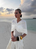 Spring And Summer New Hot Shawl Folding V-Neck Design High-Waisted Long Dress