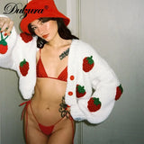 Dulzura strawberry embroidery women long sleeve crop top sweater coats short jacket loose oversized casual 2022 autumn