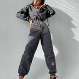 Women Basic Hoodie Two Piece Sets Zipper Drawstring Jacket Outerwear And Elastic Pencil Pant Suit Autumn Winter