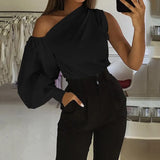 Blusas Women 2022 Summer Off Shoulder Shirt Elegant Long Sleeve Blouse Fashion Asymmetrical Top Casual Solid Tunic