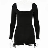 Slinky Long Sleeve Playsuit Women 2021 Fall Ruched Backless Sexy Rompers Female Square Collar Sport Biker Shorts