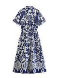 2023 Women Summer MIDI Shirts Dress Vintage Print Floral Short Sleeve Female Elegant Street Belt Dresses Clothing-Outfit