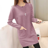 Sping Winter Women Black Sweaters Casual Solid O-Neck Long Sleeve Knit Sweaters Loose Pockets Mid Length Pullover Female