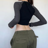 Woherb Girls Street Trend Contrast Color 2023 Summer Print Slim Zipper Cardigan Female Cool Handsome Overalls Long Sleeve Top-Outfit