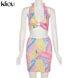Kliou Tie Dry Two Piece Set Women 2021 Sexy Halter Sequined Beachwear Cleavage Crop Top+Mini Skirt Suit Female платье