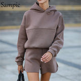 Sexy Women Casual Sport Hoodies Shorts Set Loose Autumn Tops And Mini High Waist Shorts Two Piece Set Outfits