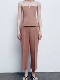 2023 Women Summer Wide Leg Pants Casual Solid High Waist Buttons Ankle-Length Pants Female Elegant Street Trousers-Outfit