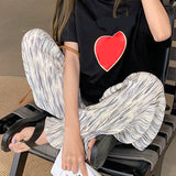 Summer Pleated Tie Dye Pants Women Korean Style Straight Wide Leg Trousers Woman High Waisted Streetwear Pants Feamle-Outfit
