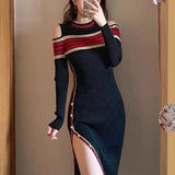 Winter Striped Patchwork Off Shoulder Elegant Fashion Knitting Bodycon Dresses Women Chic Buttons Slim Dress Robe Femme-Outfit
