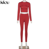 Kliou fashion tracksuit women turtleneck full sleeveless crop top+leggings matching set stretchy sporty fitness casual