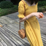 Women Simple Slim Solid Square Collar Summer Womens A-line Fashion Temperament Casual Vintage French Trend Maxi