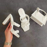 khaki Sexy Mules Shoes Women Square Heel Slippers Women Summer High Heels Square Toe Sandals Slides Ladies Shoes White