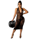 Sexy Fashion Ladies Hollowed-Out See Through Beach Knitted Tight Skirt Halter Neck Woolen