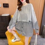 Women Fashion Patchwork Daily O-Neck Lazy Style Students Fake Two Pieces All-match Korean Version Classic Teens