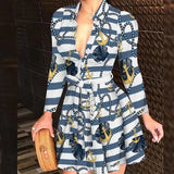 Women Deep V-neck Mini Dress Spring Autumn Long Sleeve Floral Print Dresses Laides High Waist Party Dresses