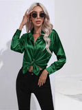 Satin Shirt Satin Imitation Silk Long-Sleeved Pure Color Elegant Button Front Lapel Shirt-Outfit