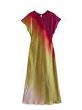 2023 Women Summer Dress Fashion Tie Dye Print Butterfly Sleeve Short Female Casual Satin O-Neck Mid-Calf Elegant Clothin-Outfit