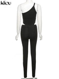 Kliou Concise 2 Piece Set Women Sexy Skew Collar Crop Tops+Pencil Pants Matching Outfit Girl Hot Skinny Classic Street