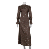 Woherb Women's 2023 New Print Round Collar Long-Sleeved Dress Autumn Fashion Waist Pendant Satin Dress-Outfit