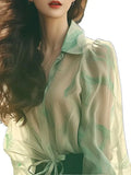 Elegant Exquisite Beauty Green Collar Long-Sleeved Shirt Women Spring And Autumn Yangqi Small Sun Protection