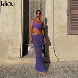 Kliou Knitted Two Piece Set Women Skirt Elegant Classy Back Criss Cross Bandage Camisole Top+Ribbons Hollow Out Female