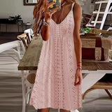 Woherb Women's Summer New Hollow Jacquard V-Collar Sling Solid Color Dress-Outfit