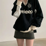 Woherb Letter Print Contrast Color V-Neck Baseball T-Shirt New Fall Versatile Casual Long-Sleeved Top Women-Outfit