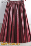 Women Autumn Midi PU Faux Leather Pleated Skirt Elegant Vintage Elastic High Waist Long A-line Skirt QT1907-Outfit