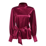 Satin Blouse WomenFashion Tunics Tops 2022 Autumn Elegant Bow Tie Lantern Sleeve Belted Shirt Casual Slik Party