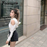 Spring Pullover Expose Shoulder Women Sweatshirt Hoodies Long Sleeve Black White Grey Color