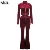 Kliou Solid Velour Two Piece Set Women Simple Casual Zipper Long Sleeve Turtleneck Top+Bandage Lace Slim Female Wide Leg