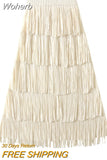 Women Tassel Splicing Pleated Skirt Elegant Elastic Waist All Match A-line Long Skirt For Spring Summer QT2140-Outfit