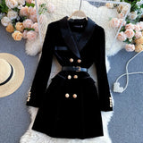 Sister Winter Dress 2023 New Ladies' Suit Collar Temperament British Style Double-Breasted Velvet Dress-Outfit