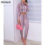 Puss Wavy Stripes Sporty 2-Piece Set Women Casual Skinny Tracksuit Turtleneck Crop Top+Pants Matching Trend Fitness Outfit-Outfit