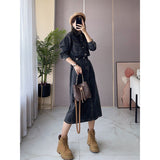 Woherb Shirt Denim Dress Female Summer 2024 New Retro Waist Show Thin Medium Long Denim Skirt-Outfit