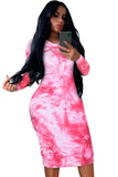 Tie Dye Print Round Neck Long Sleeve Slim Midi