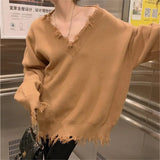 Woherb New Autumn-Winter 2023 V-Neck Sweater Female Loose Long Sleeve Lazy Wind Jacket Sweater Niche Style Broken Hole Sweater-Outfit