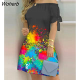 Women Ink Splash Print Bow Deco Mini Dress 2022 Femme Casual Off Shoulder Tie Detail Robe Lady y2k Outfits Vestidos-Outfit