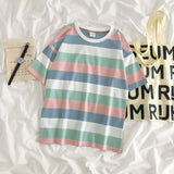 Women Sets Colorful Striped T-shirt Simple Elastic-waist Wild-leg Loose Long Trousers Student Korean Style Casual Comfortable-Outfit