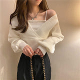 Solid Slim Autumn Short V Neck White Knitted Tops Bottom Fake Two Pieces Pullover Sweaters Lady Fashion Chic Korea