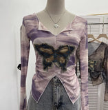 Shooting Amount Of Bumpy Tulle Spliced Denim Butterfly Design Sunscreen Coat V Collar Short T-Shirt