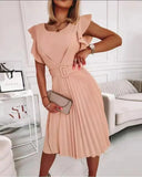Summer Women's New Round Collar Waist Pleated Flounce Dress With A Belt-Outfit