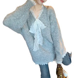 Woherb Type Advanced Feeling Catch Spell Lace Bow False Two Knit Sweater Female Autumn Dong New Style Languid Lazy Wind Bottom Sweater-Outfit