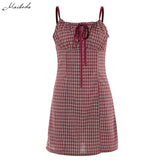 Plaid Mini Dress Women Spaghetti Strap Bow Summer Teenage Girl Style Dress Lady Casual Vacation Short Dress 2019
