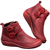 Arch Support Ankle Boots Vintage Punk Slip on Cross Strappy Winter Leather Boots Casual Soft Flat Walking Shoes Red