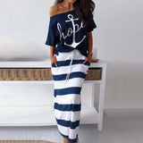 Women Off Shoulder Stripe Dress Summer Boat Anchor Letter Printed Tops and Ankle Length Skirt Casual Loose 2 Pieces Sets