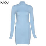 Kliou Knitted Stitching Mini Dress Women Hipster Skinny Three-Dimensional Decoration Bodycon Long Sleeve Turtleneck