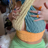 Casual Textured Colorblock Halter Crop Top Summer 2021 Women Fashion Criss Cross Backless Sexy Beach Tank Hollow